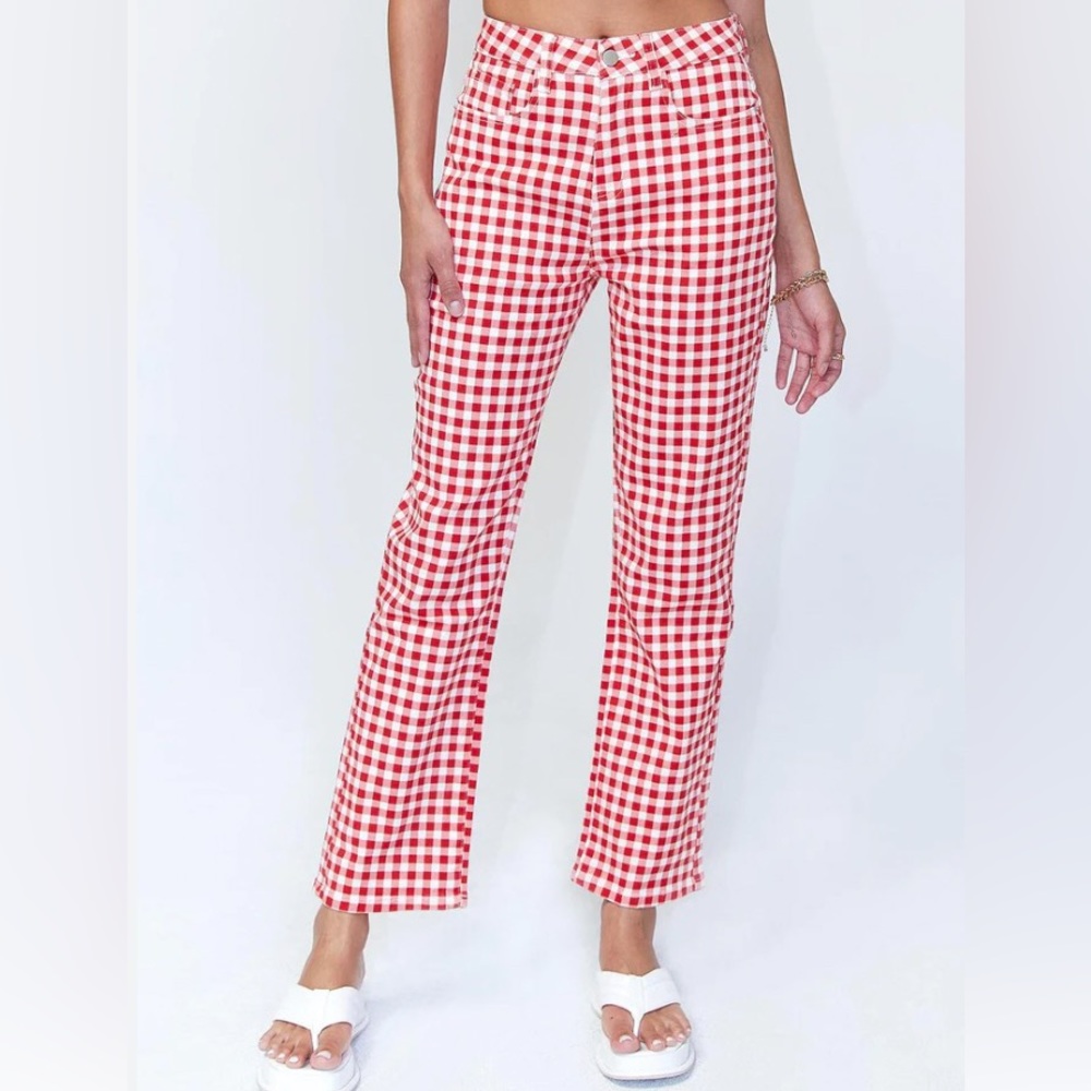 Princess Polly Kendra Gingham Denim Jeans Red - size 4
